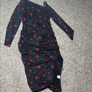 Black One-Shoulder Ruched Dress with Red Heart Print